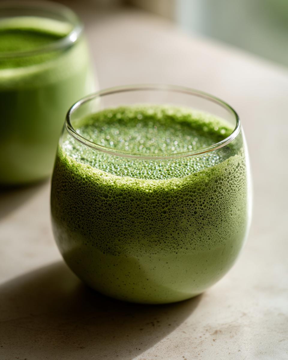 A close-up of a glass filled with vibrant green matcha chia pudding, showing a thick layer of foam on top.