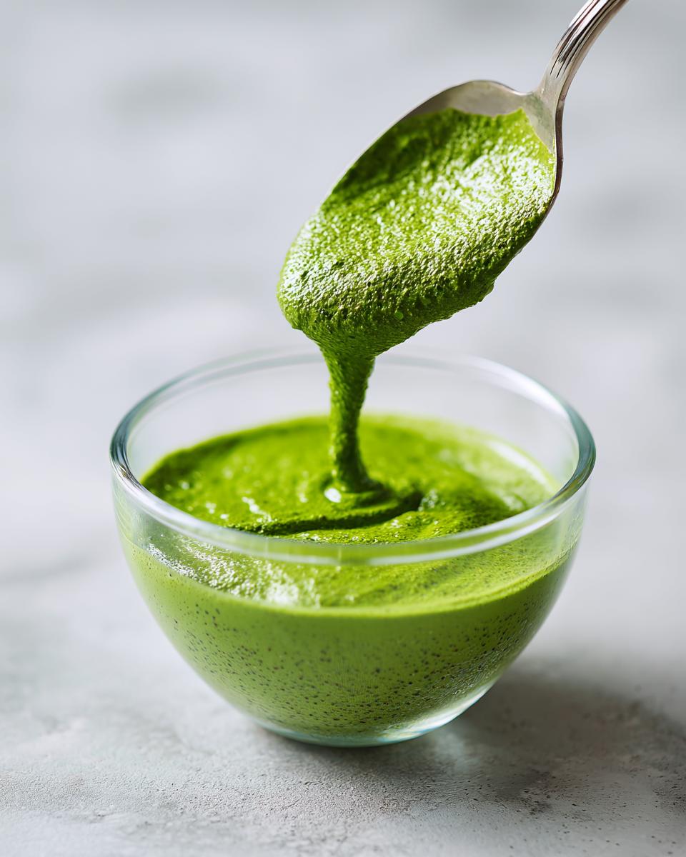 A spoonful of thick, vibrant green matcha chia pudding mixture being poured back into a small glass bowl.