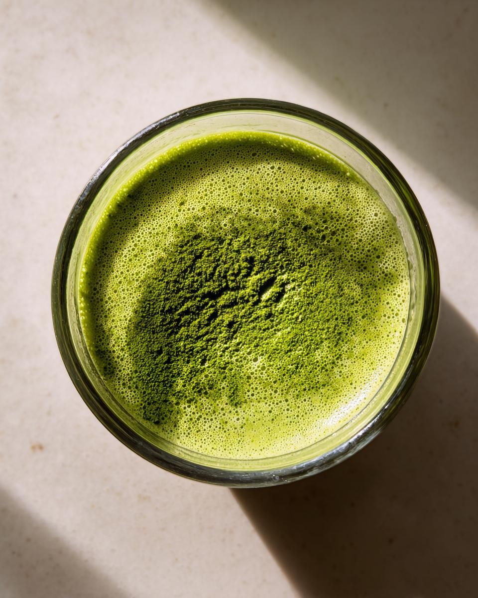 Overhead view of bright green matcha chia pudding topped with sifted matcha powder and foam.