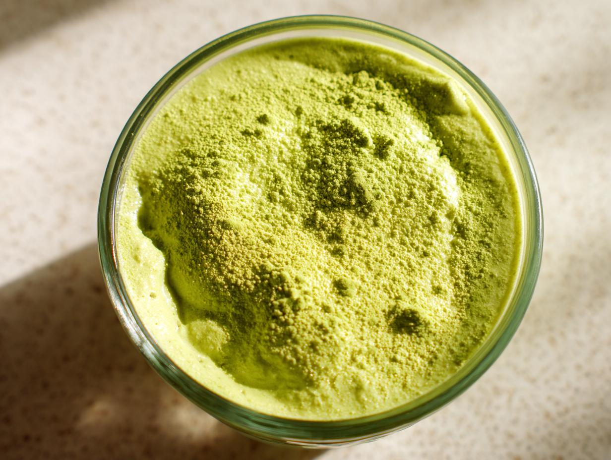 Overhead close-up of vibrant green matcha chia pudding topped with a dusting of matcha powder.