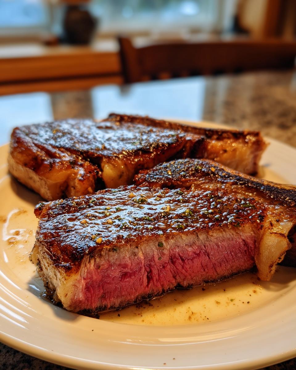 Close-up of a perfectly seared, medium-rare ribeye steak, sliced to show the pink center.