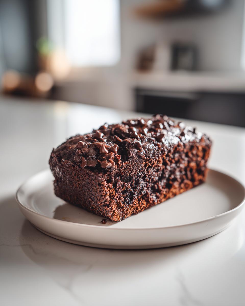 A freshly baked, dark chocolate banana bread loaf topped with melted chocolate chips, resting on a light plate.