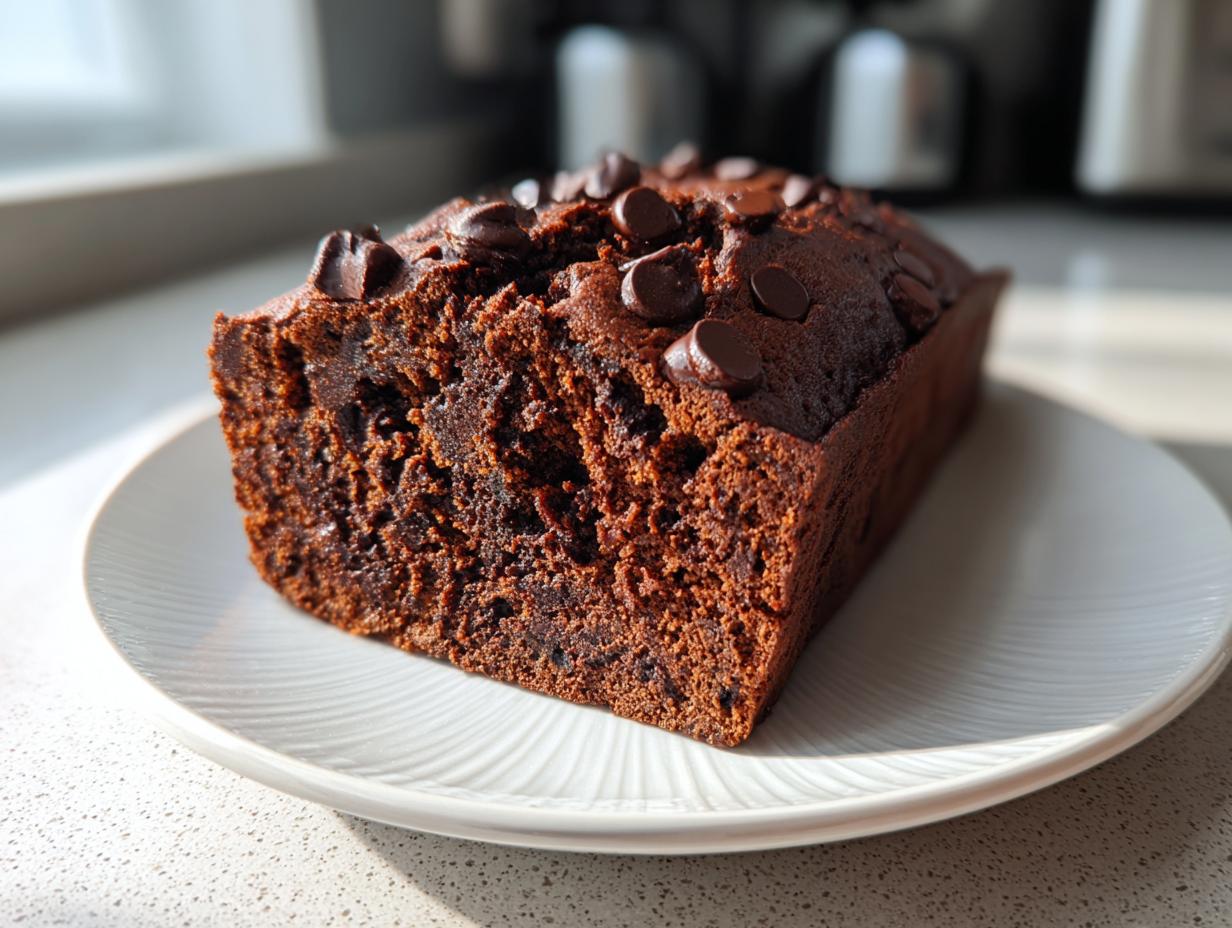A close-up of a moist chocolate banana bread loaf topped with chocolate chips, sitting on a white plate.