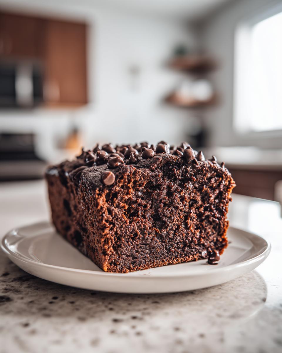 A thick slice of moist chocolate banana bread topped with chocolate chips, resting on a white plate.