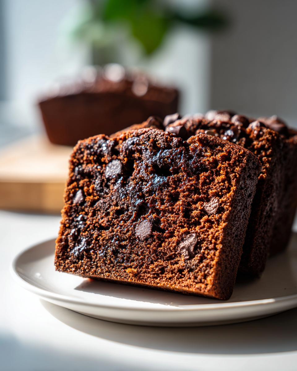Close-up of moist chocolate banana bread slices packed with chocolate chips, sitting on a white plate.