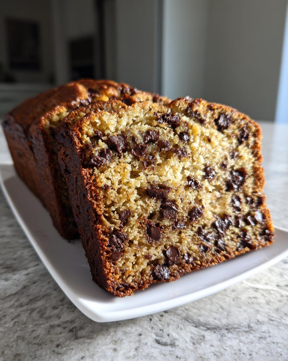 Close-up of two thick slices of moist chocolate chip banana bread showing abundant chocolate chips.