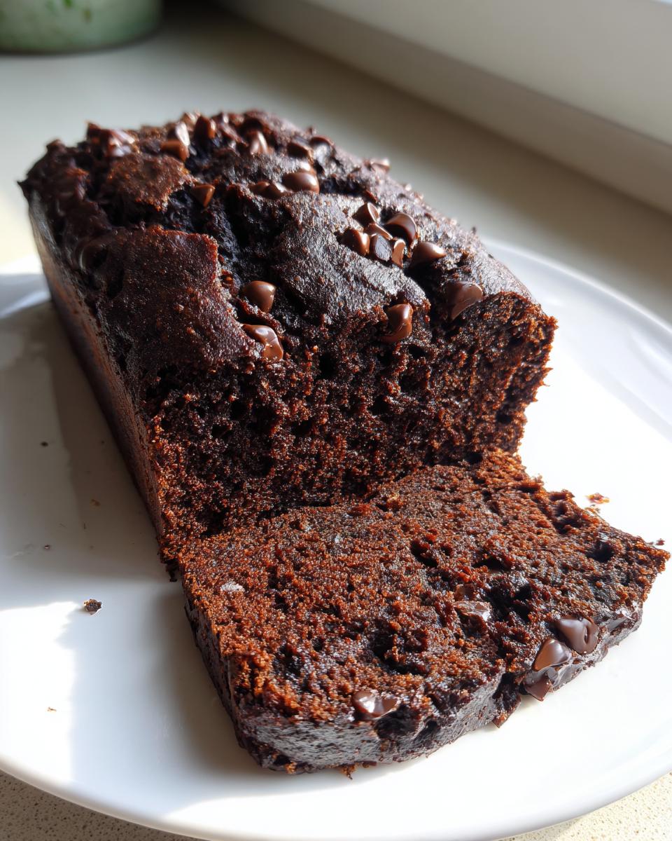 A rich, dark loaf of chocolate zucchini bread with a slice cut, topped with melted chocolate chips.