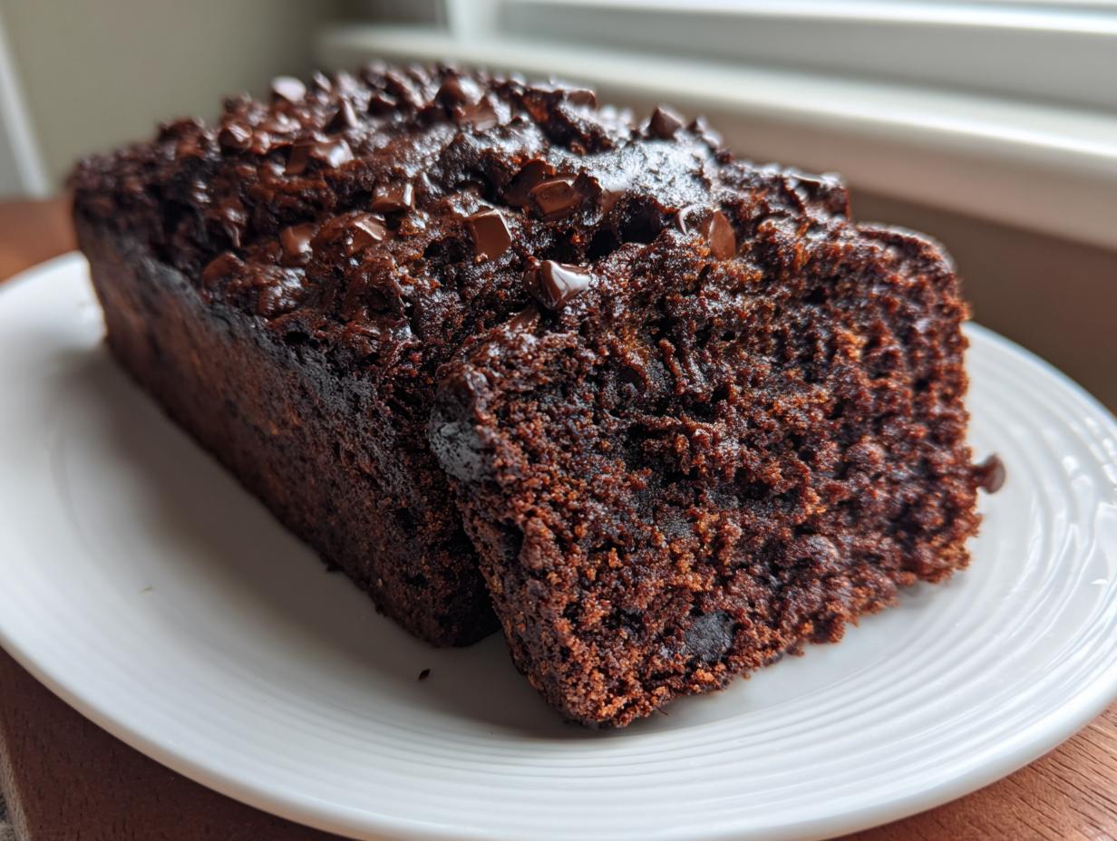 A close-up of a dark, moist chocolate zucchini bread loaf with a slice cut, topped with chocolate chips.