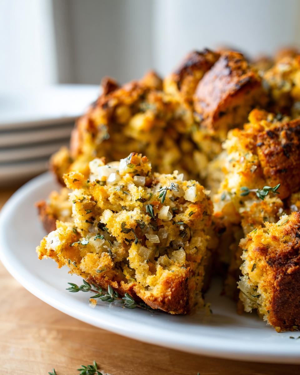 Close-up of a piece of moist stuffing recipe, rich with herbs and onions, served on a white plate.