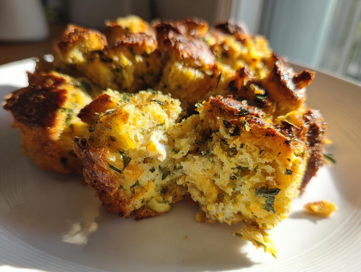 Close-up of a moist, golden-brown piece of stuffing recipe pulled apart on a white plate.