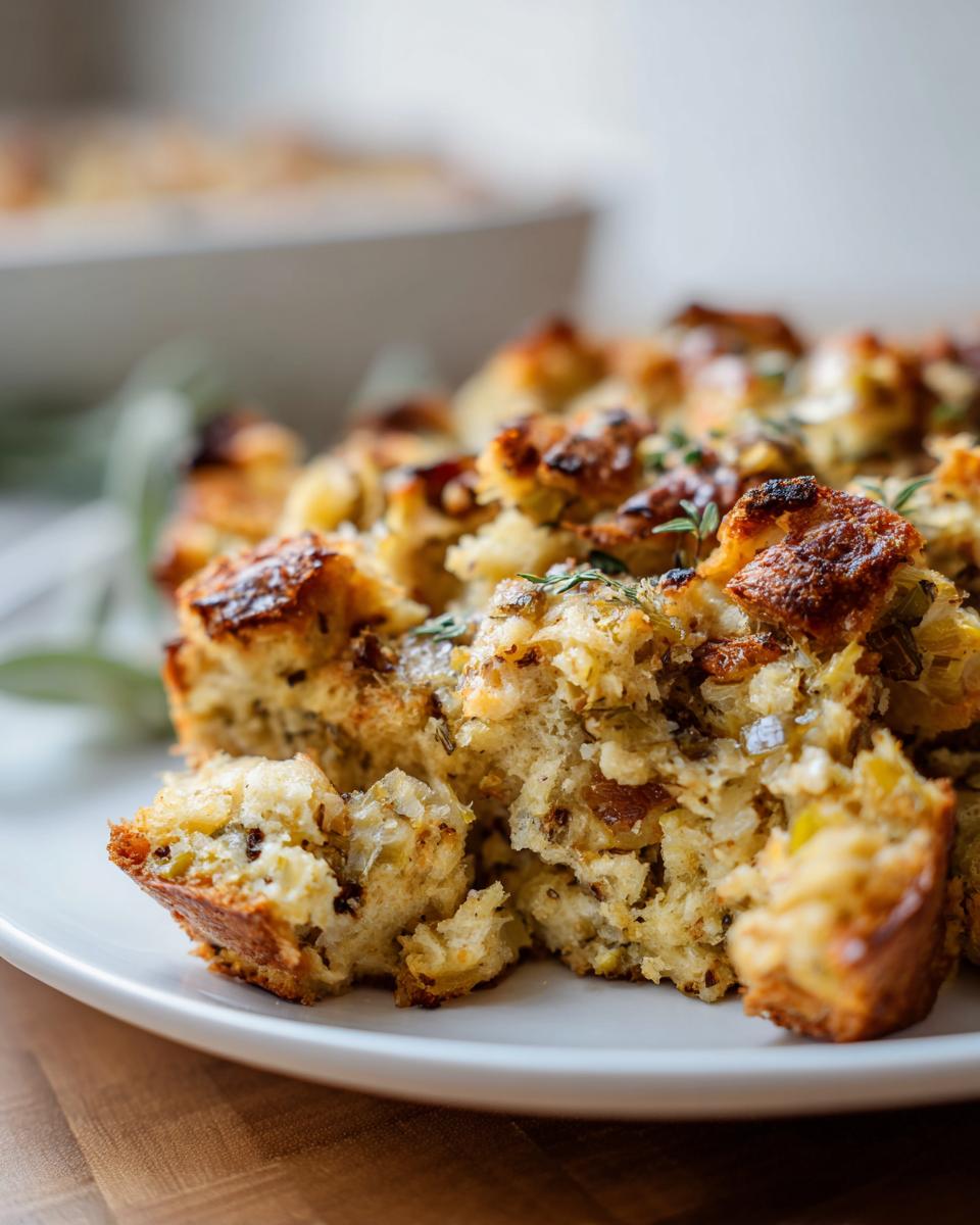 Close-up of a portion of moist stuffing recipe with crispy browned edges, garnished with fresh thyme.