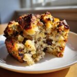 Close-up of a moist stuffing recipe portion showing crispy browned edges, celery chunks, and herbs.