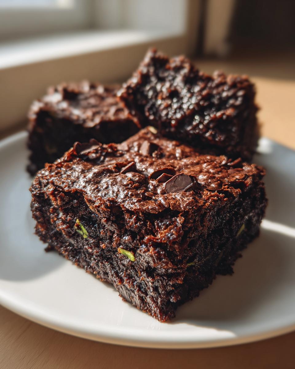Close-up of three fudgy zucchini brownies topped with chocolate chips on a white plate.