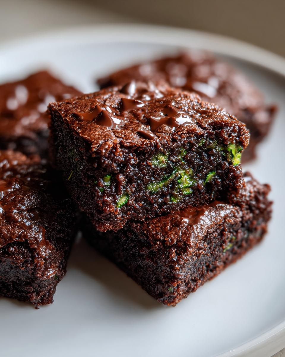 Close-up of a stack of moist zucchini brownies, showing the green shreds of zucchini inside the dark chocolate cake.