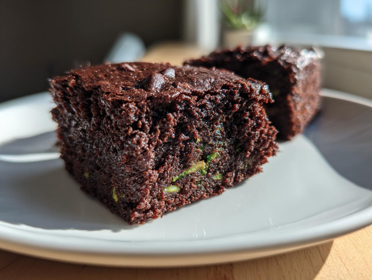 Close-up of two moist, dark chocolate zucchini brownies showing flecks of green zucchini on a white plate.