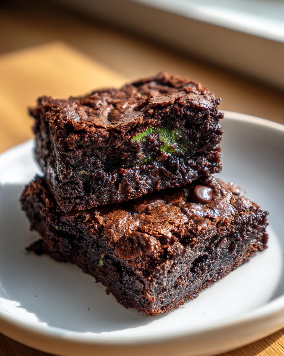 Two stacked, fudgy zucchini brownies with a shiny, cracked top, showing green zucchini flecks inside.