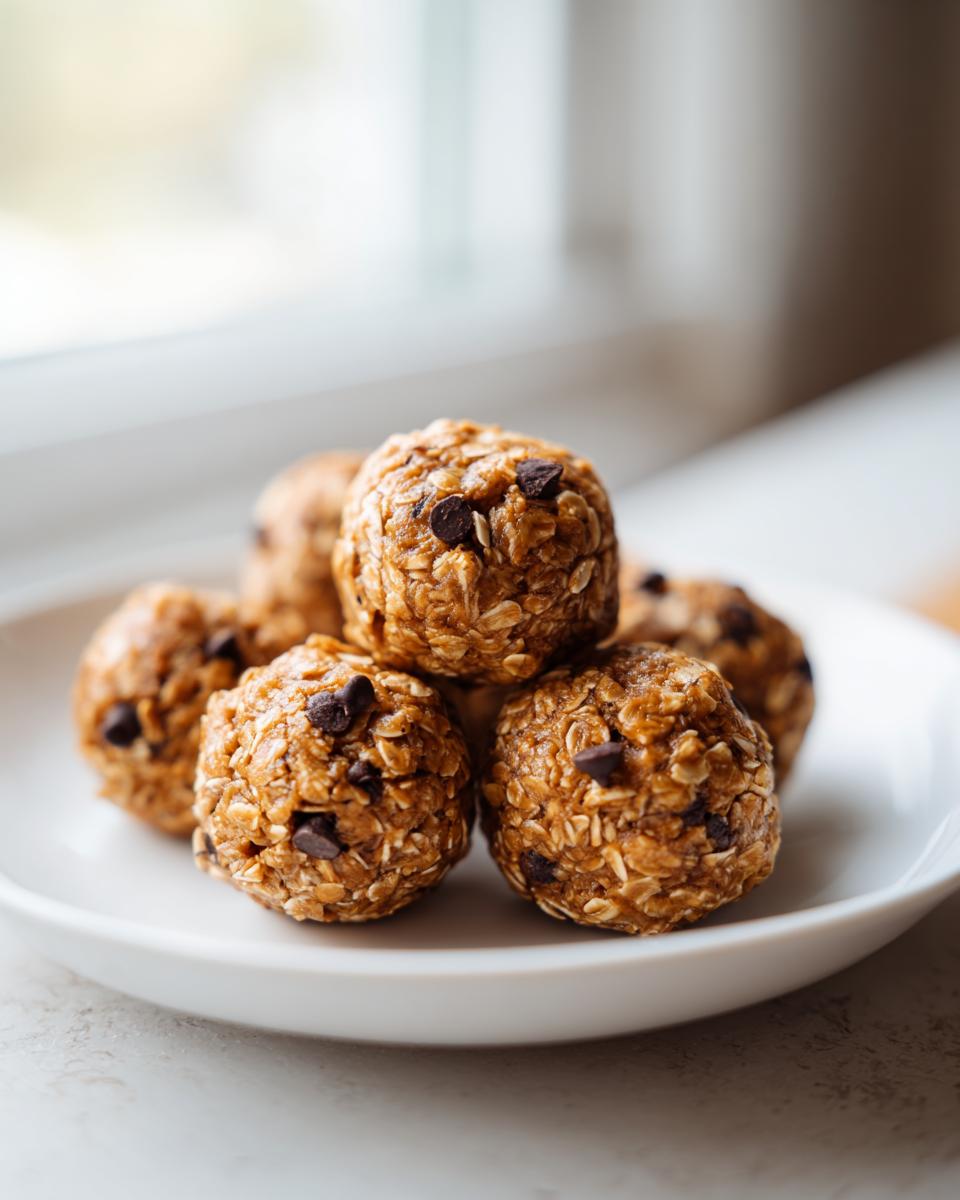 A stack of homemade, no-bake protein balls studded with mini chocolate chips on a white plate.