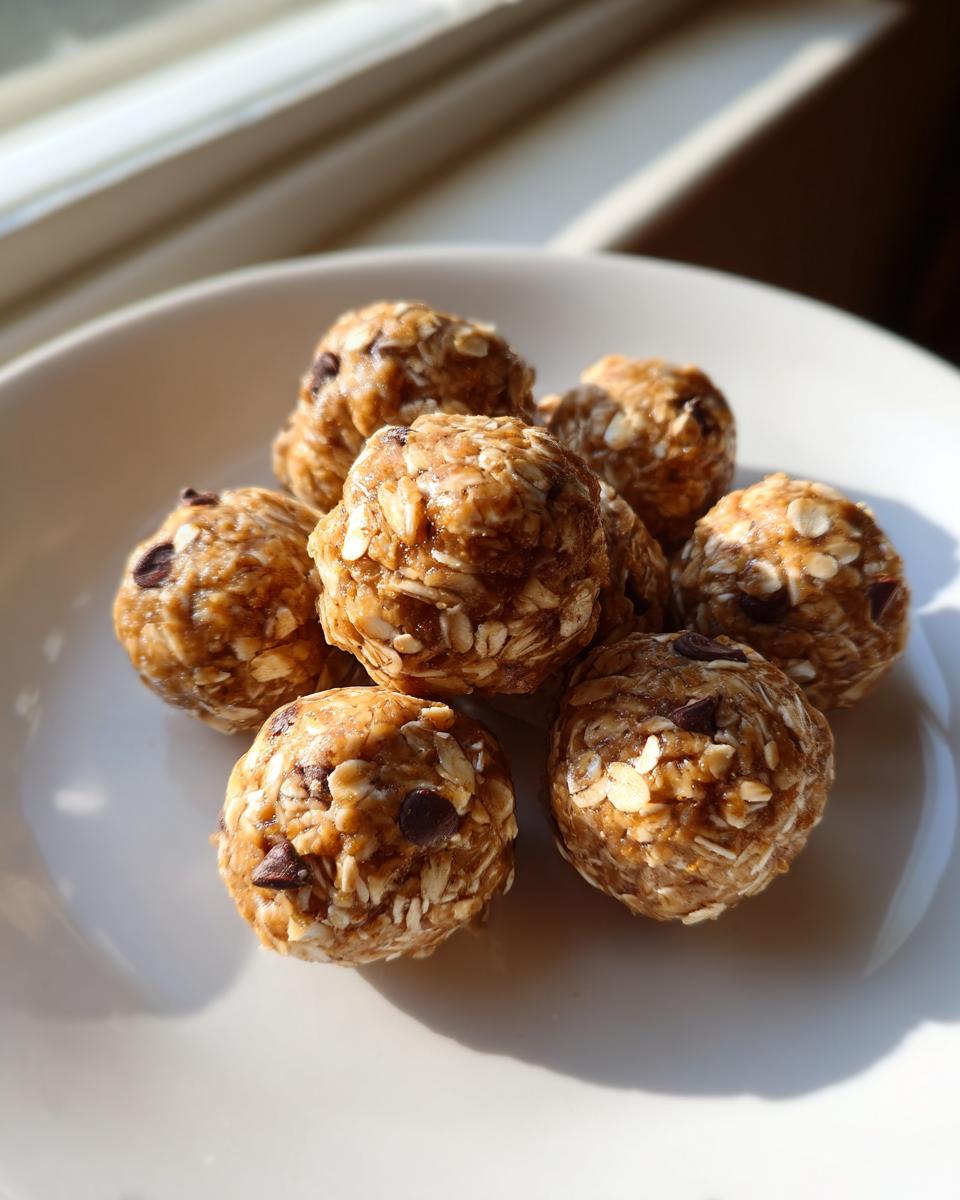 A small pile of homemade no bake protein balls, made with oats and chocolate chips, sitting on a white plate.