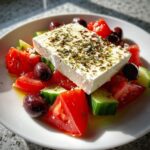 Close-up of a vibrant greek salad featuring large chunks of tomato, cucumber, Kalamata olives, and a whole block of feta cheese seasoned with herbs.