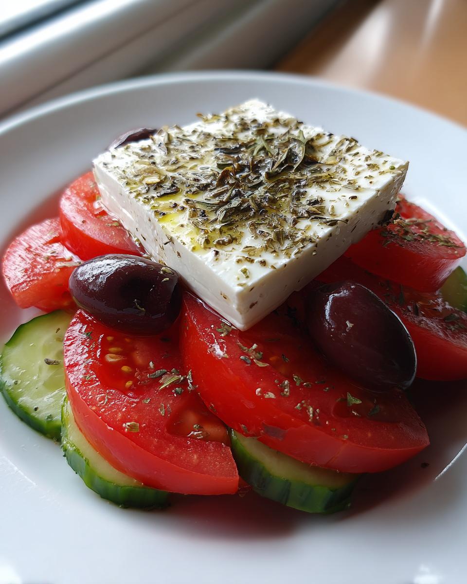 Close-up of a no-lettuce greek salad featuring thick slices of tomato, cucumber, Kalamata olives, and a block of feta cheese topped with oregano.