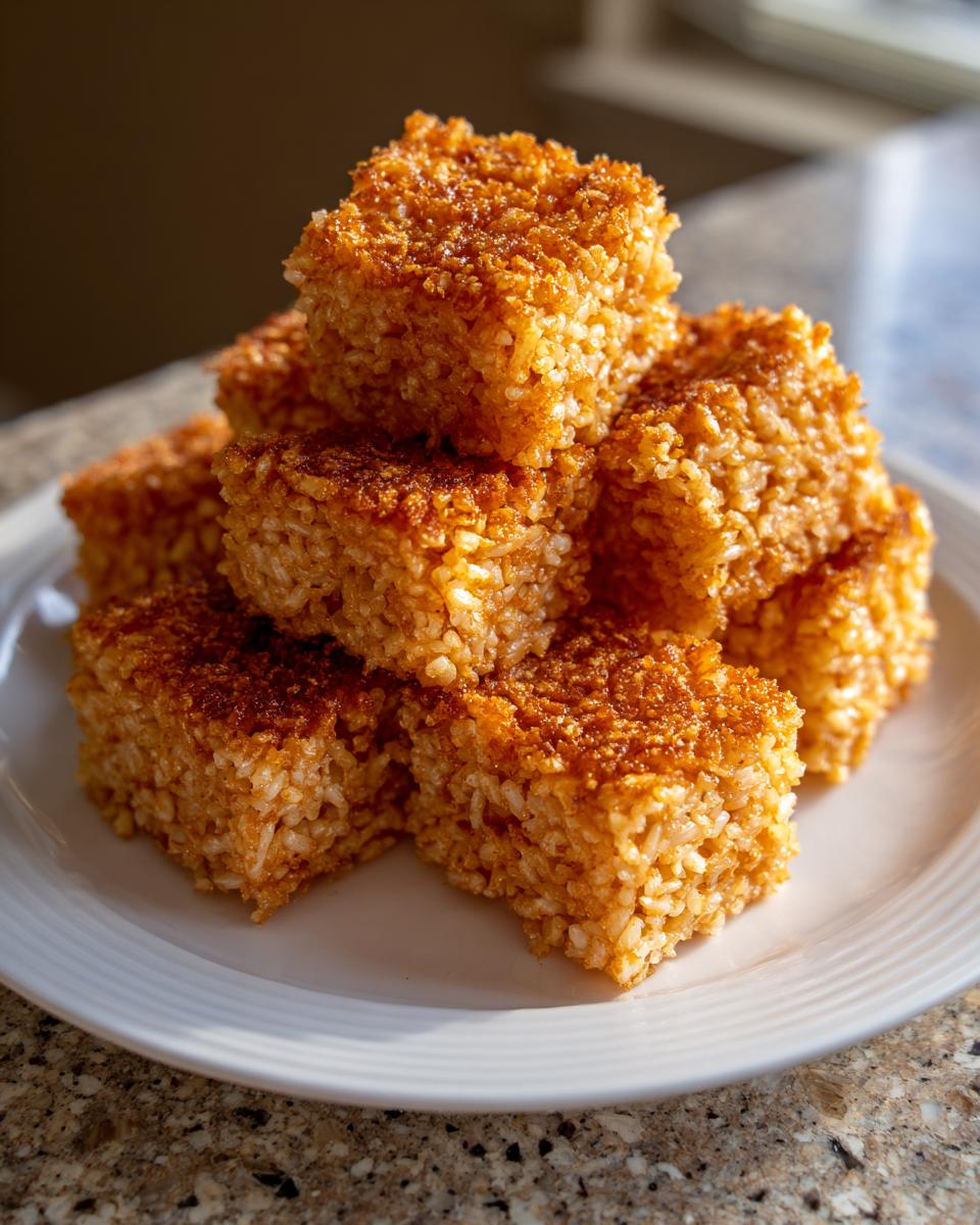 A stack of golden brown, square-cut crispy rice treats piled on a white plate.