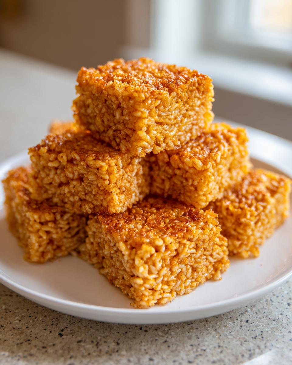 A stack of golden brown, perfectly formed crispy rice squares piled on a white plate.