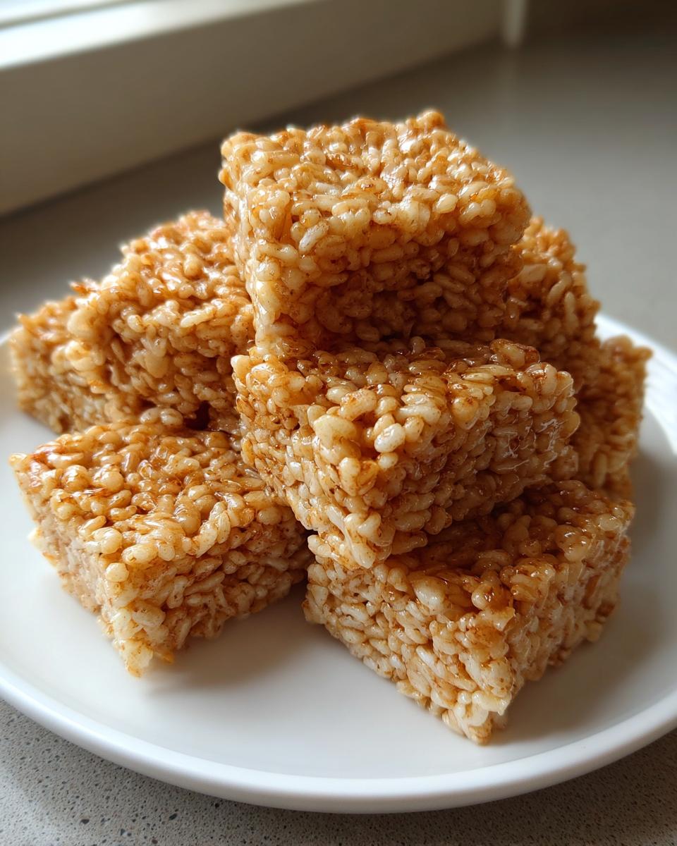 Close-up of several square portions of sticky, golden brown crispy rice treats stacked on a white plate.