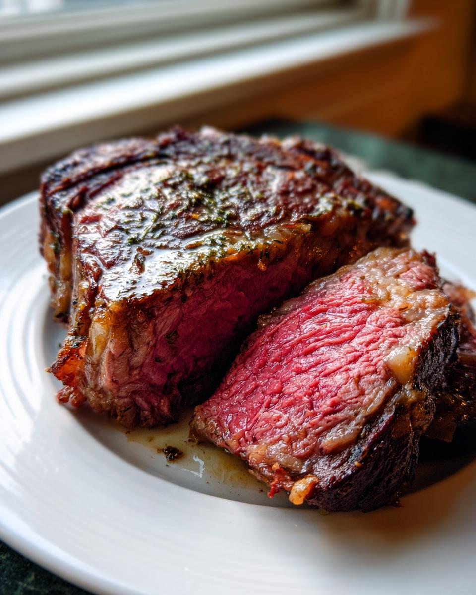 Close-up of a thick, perfectly seared ribeye steak sliced to show a juicy, medium-rare interior.