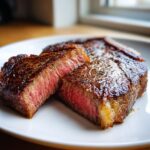 Close-up of a perfectly cooked, medium-rare ribeye steak, sliced to show the juicy pink interior and seared crust.