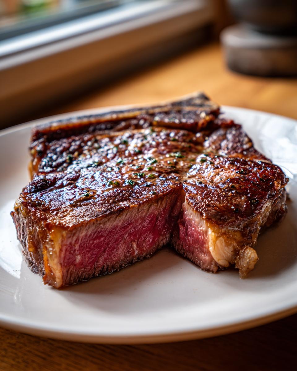 Close-up of a thick, perfectly seared ribeye steak sliced to show a juicy, medium-rare interior.