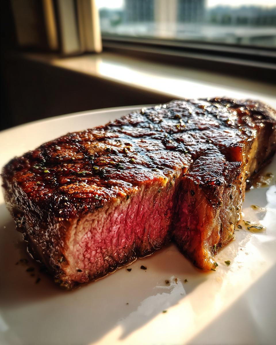 Close-up of a thick, perfectly seared ribeye steak sliced to show a bright pink, medium-rare interior.