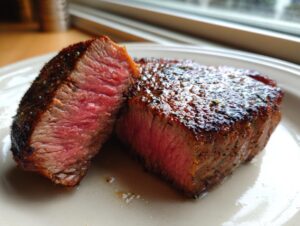 Close-up of a thick, perfectly seared ribeye steak cut in half showing a juicy, medium-rare pink center.