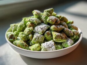 A white bowl filled with bright green pistachio puppy chow coated heavily in powdered sugar.