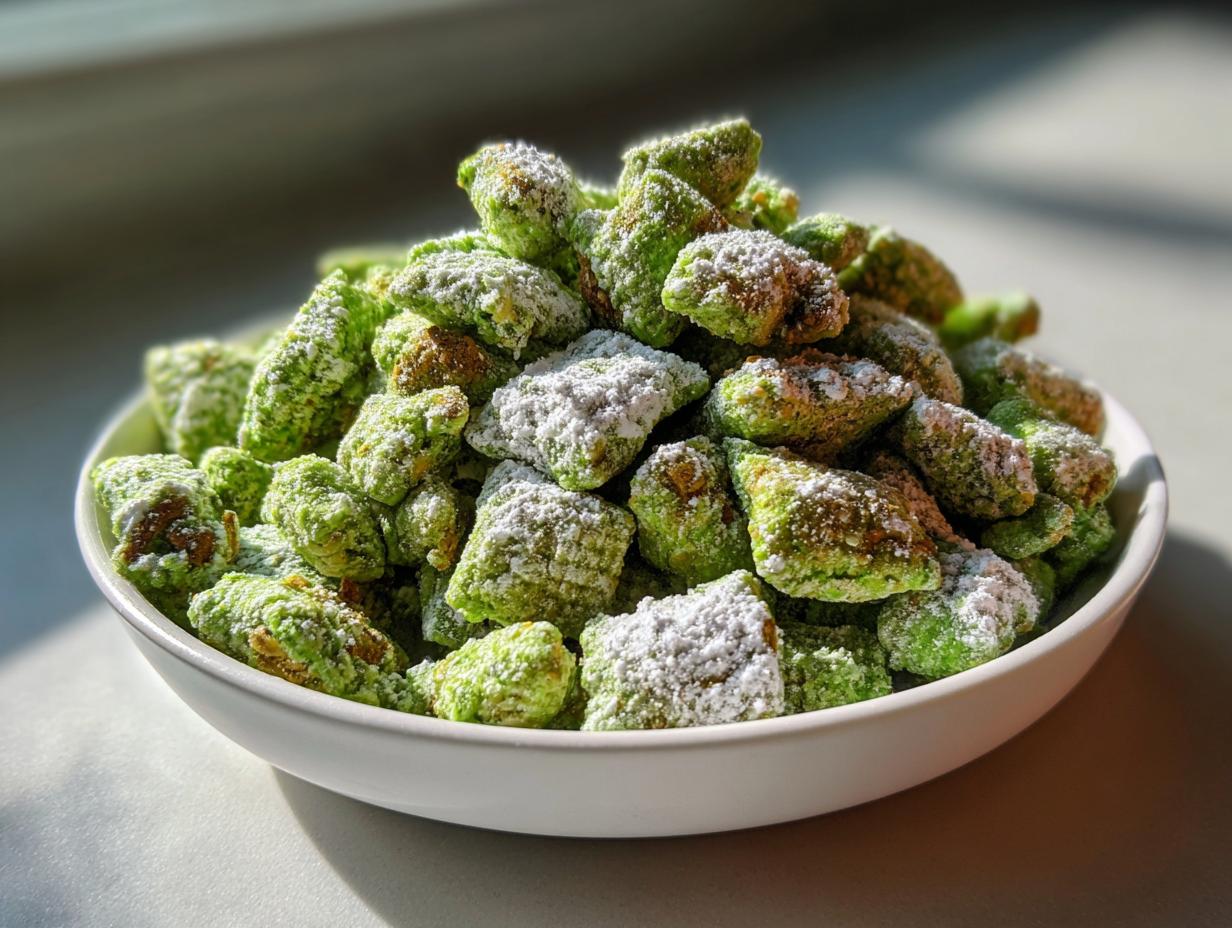 A white bowl filled with bright green pistachio puppy chow coated heavily in powdered sugar.