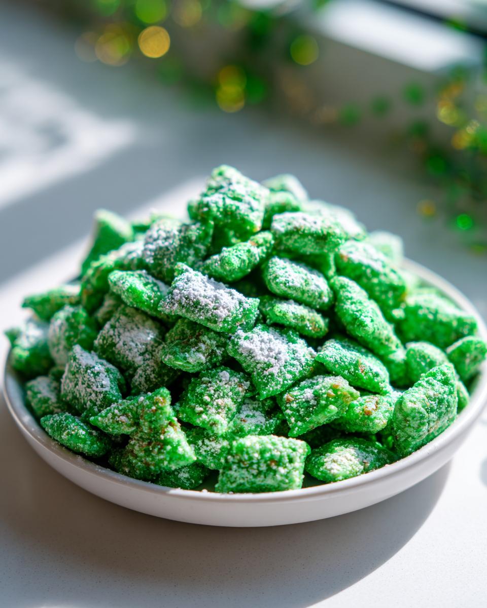 A white bowl overflowing with bright green, powdered sugar-dusted pistachio puppy chow.