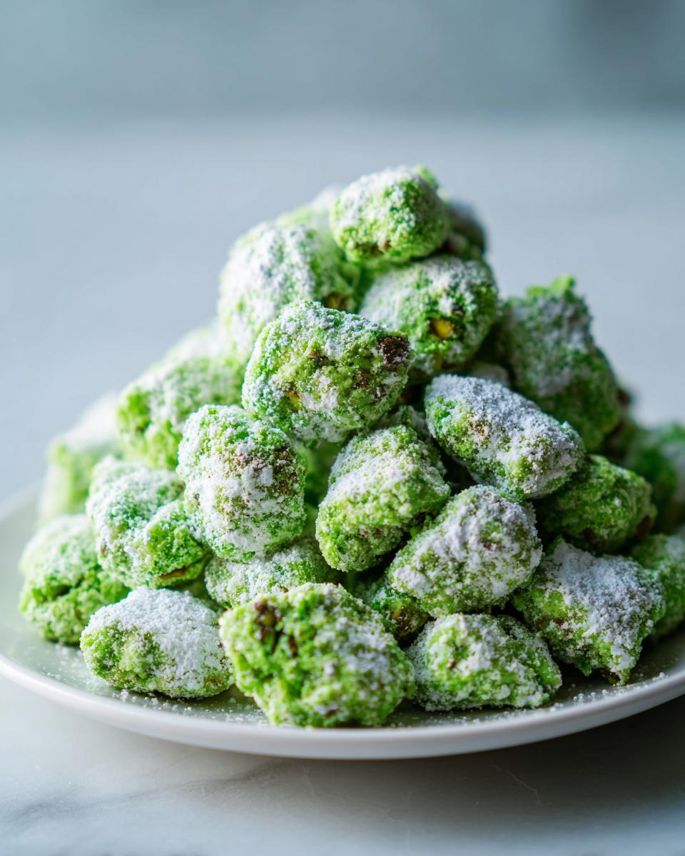 A mound of bright green pistachio puppy chow coated heavily in white powdered sugar, served on a white plate.