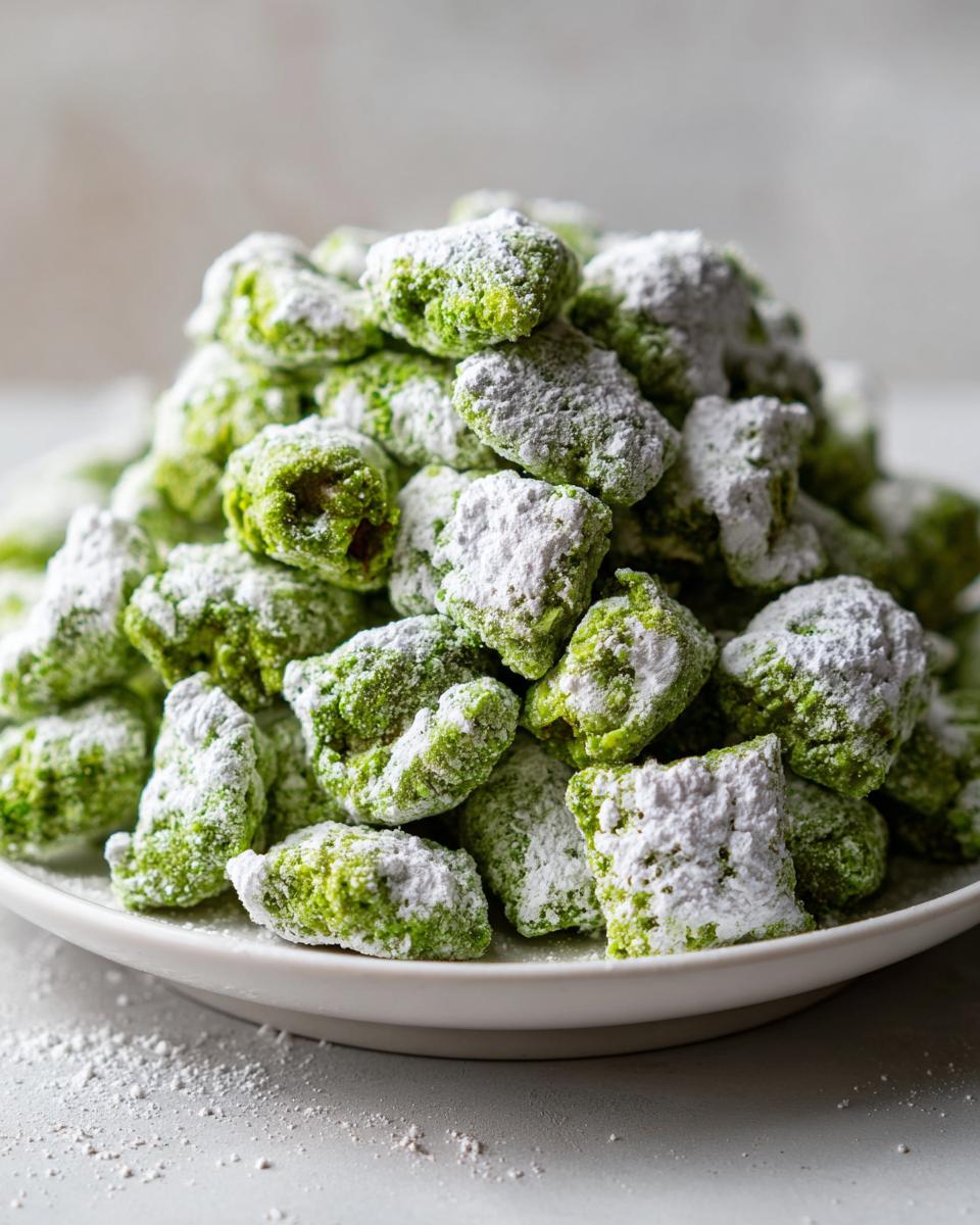 A mound of bright green pistachio puppy chow heavily coated in white powdered sugar on a white plate.