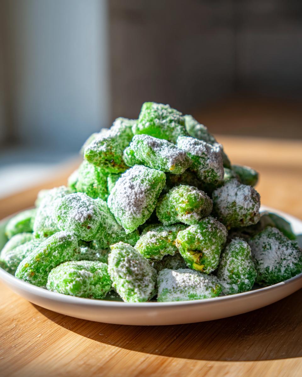 A mound of bright green pistachio puppy chow generously dusted with powdered sugar, sitting on a white plate.