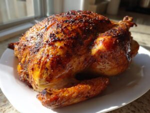 Close-up of a perfectly roasted bird with crispy, golden-brown skin, suggesting the success of the turkey brine.