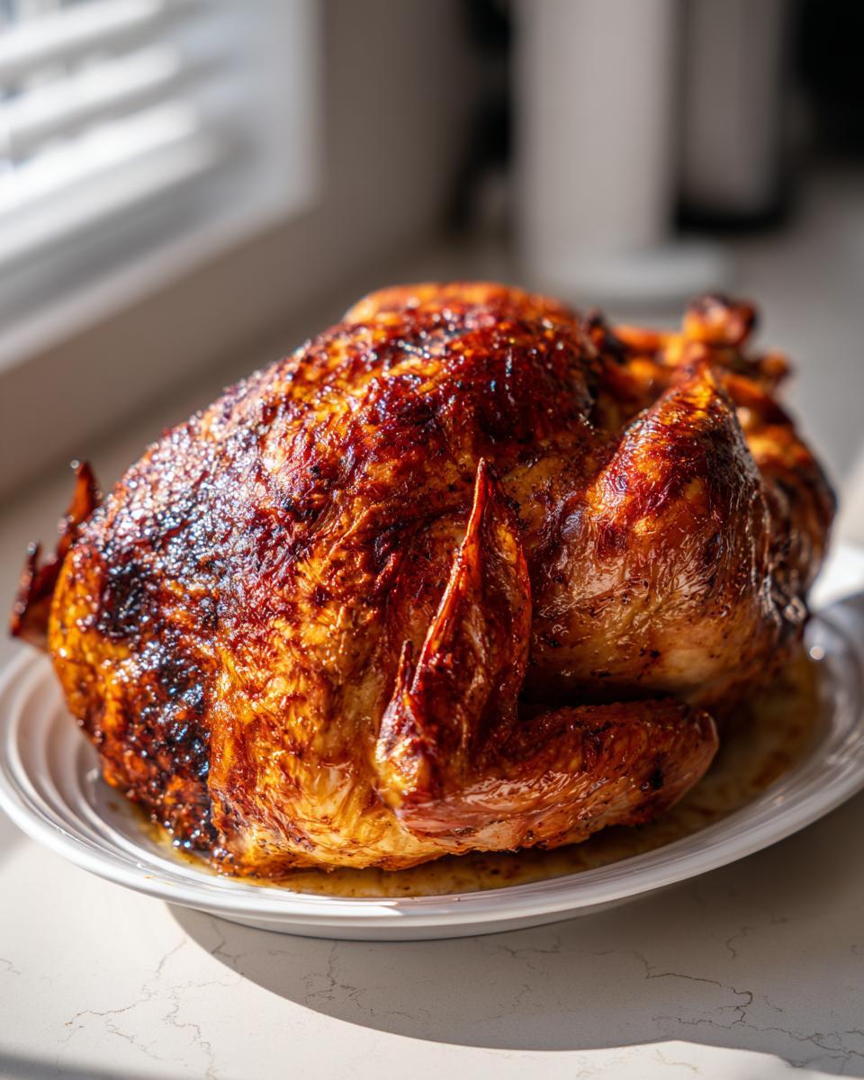 A whole roasted bird with crispy, dark golden-brown skin, likely a result of a successful turkey brine.