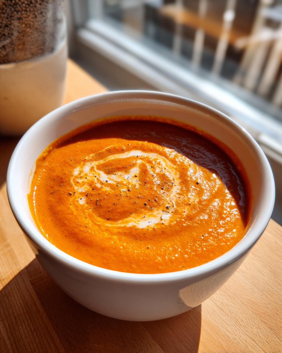 A close-up of a white bowl filled with vibrant orange roasted red pepper soup, swirled with cream and black pepper.