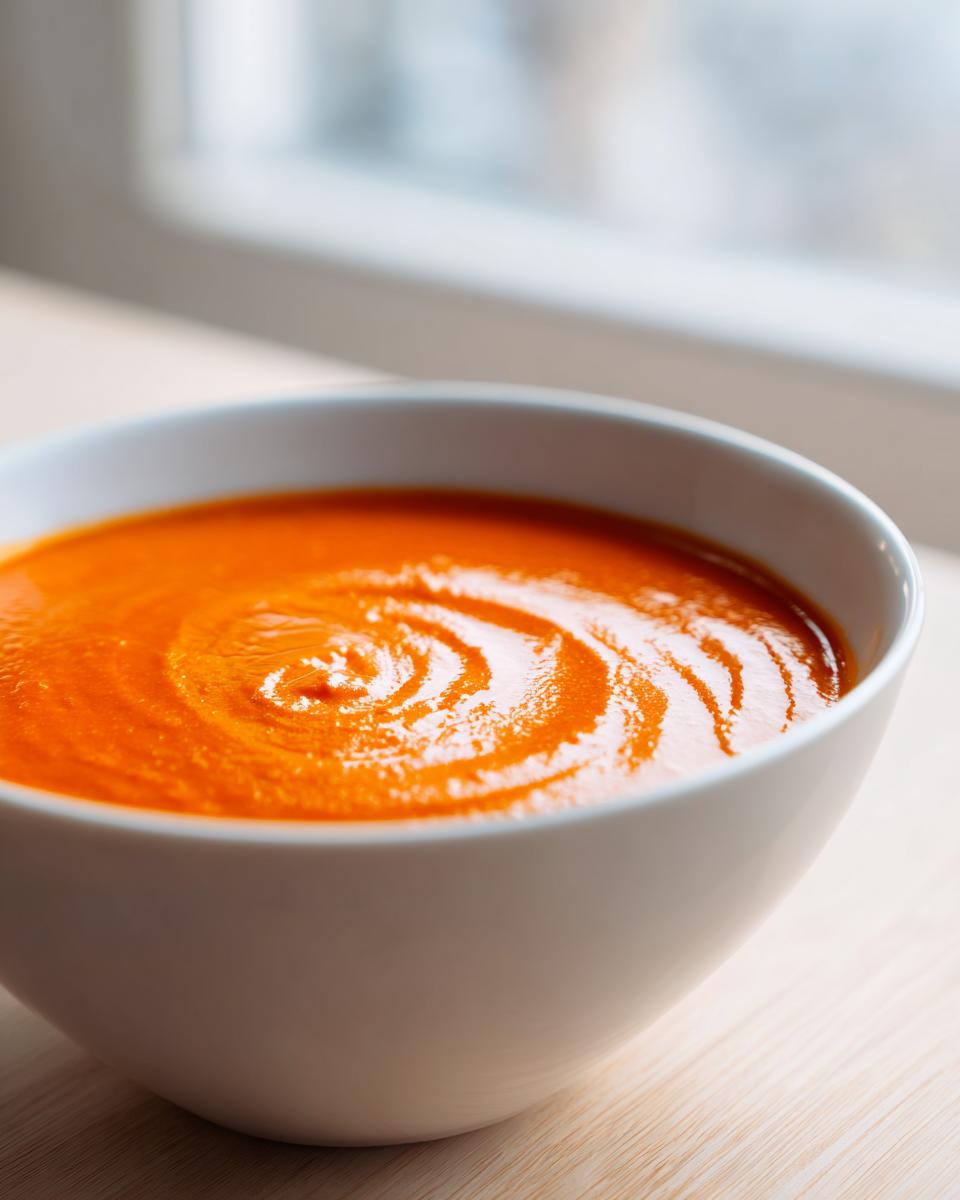 Close-up of vibrant orange roasted red pepper soup swirled in a white bowl near a window.