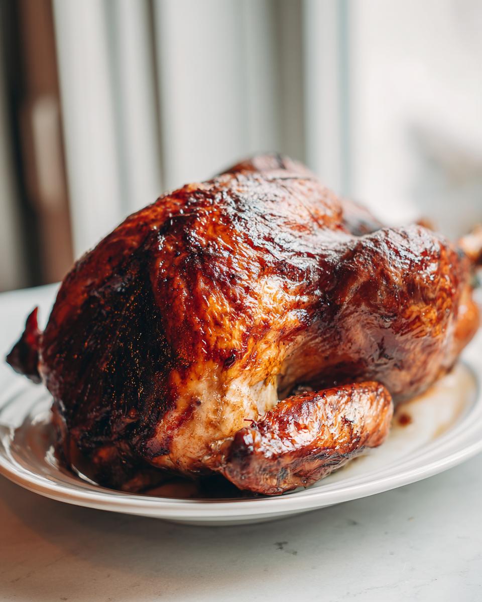 A whole, beautifully roasted turkey with glossy, dark brown skin resting on a white platter.