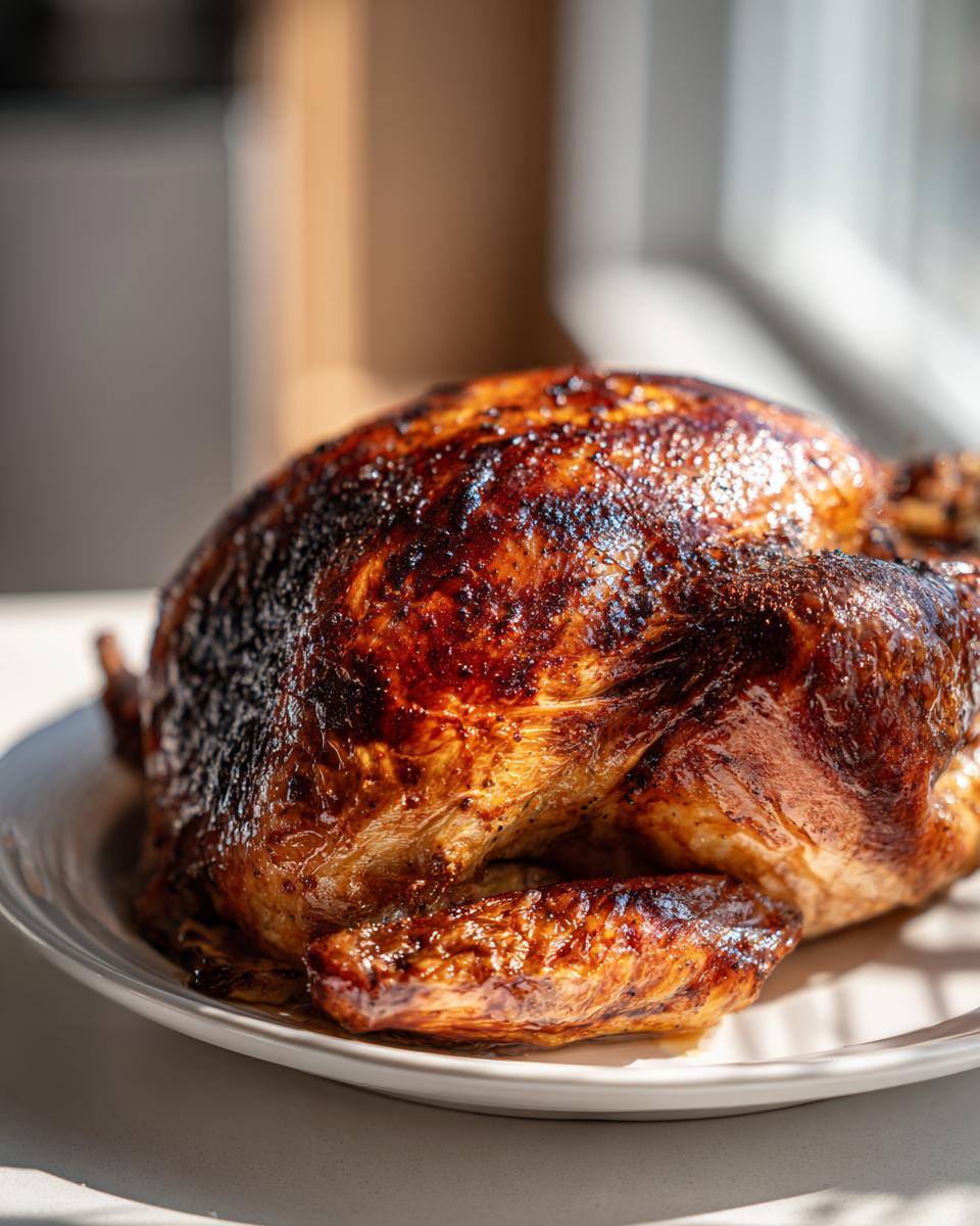 A whole roasted turkey with deeply browned, glossy skin resting on a white platter, suggesting a successful turkey brine.