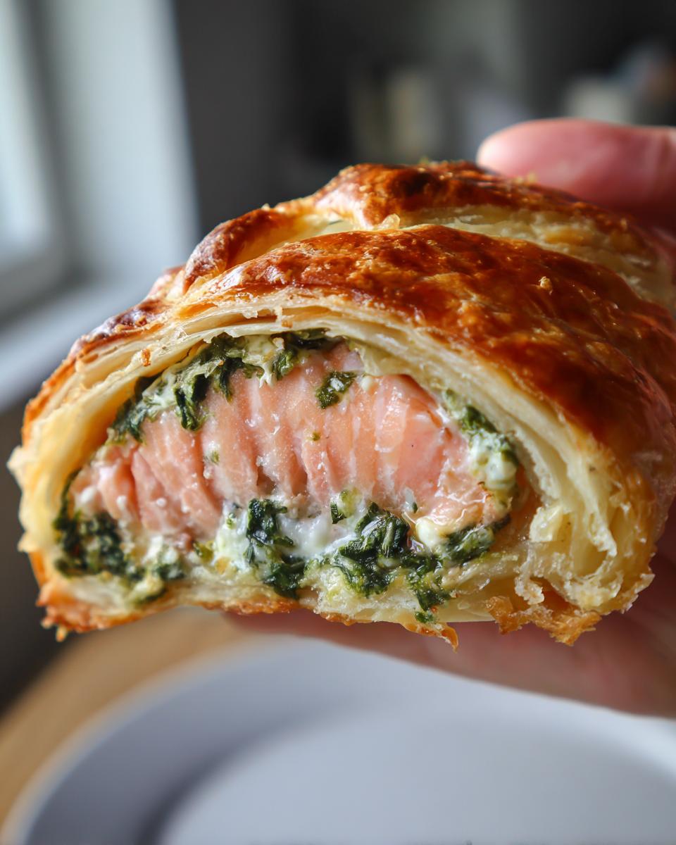 Close-up of a slice of salmon wellington showing perfectly cooked pink salmon surrounded by spinach and flaky golden pastry.