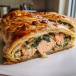 Close-up of a slice of Salmon Wellington showing flaky pastry, pink salmon, and spinach filling.