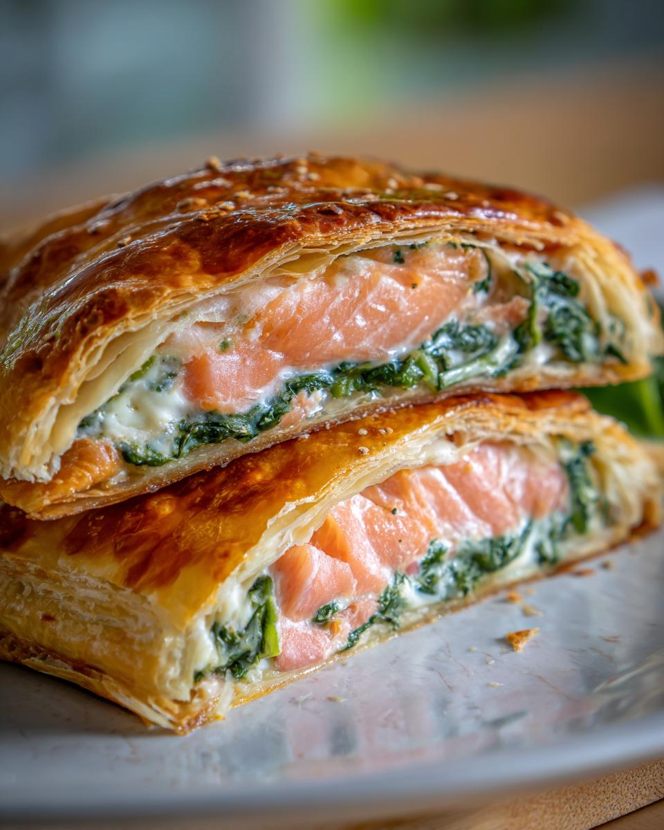 Close-up of two stacked slices of Salmon Wellington showing flaky pastry, pink salmon, and creamy spinach filling.