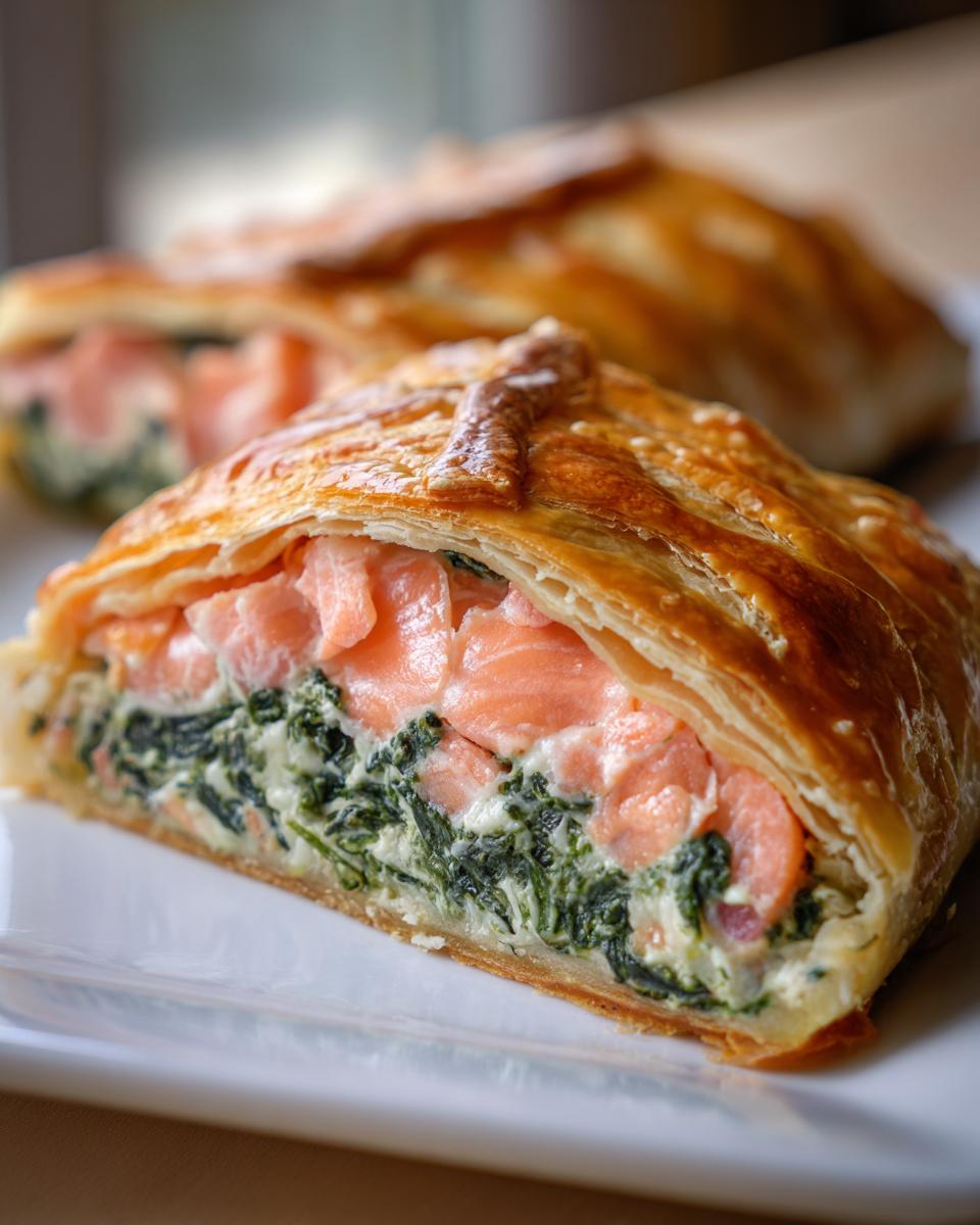 Close-up of a slice of salmon wellington showing flaky pastry, pink salmon, and creamy spinach filling.