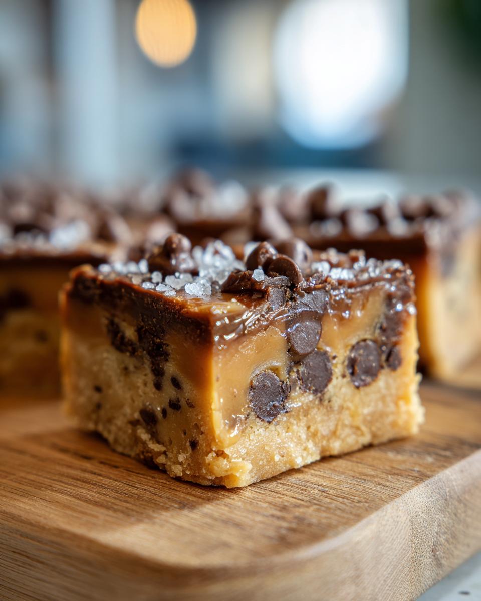 A close-up of a square of rich salted caramel fudge topped with chocolate chips and flaky sea salt.