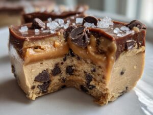 A cross-section of salted caramel fudge layered over a chocolate chip cookie dough base, topped with chocolate and sea salt.